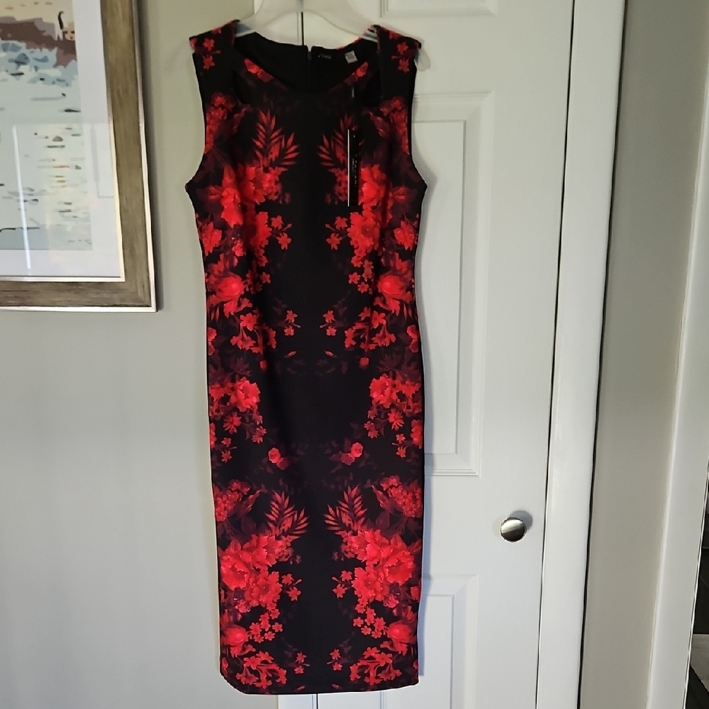 T Tahari Black and Red Floral Midi Dress